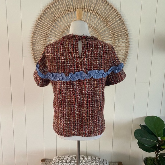 Zara Multicolor Tweed Short Sleeve Top with Blue Ruffle Accent Size Medium - Picture 5 of 8
